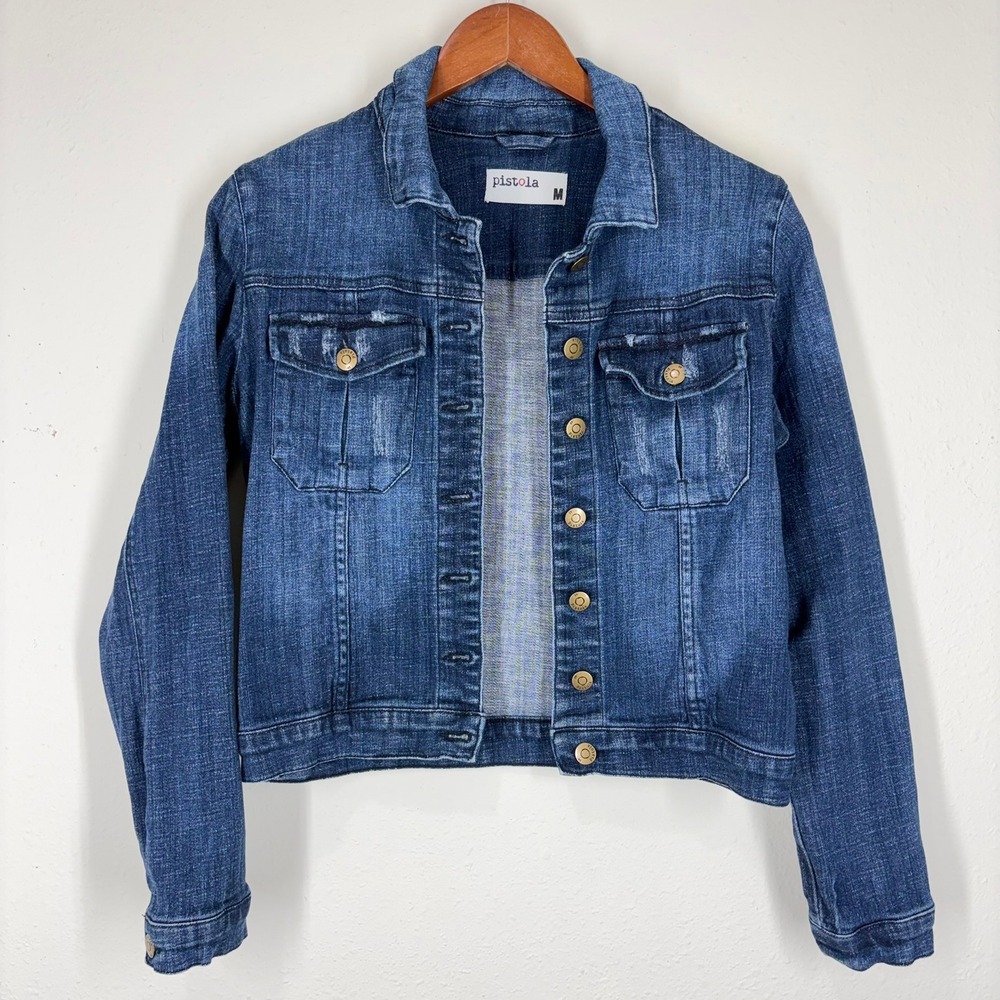 Pistola Womens Denim Jacket Size M Blue Distressed Jean Cropped Trucker